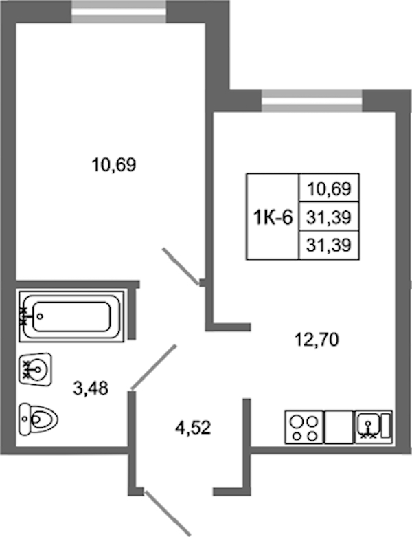 1-комнатная квартира 31.39 м², 3/17 эт., ЖК «Стороны Света 2»